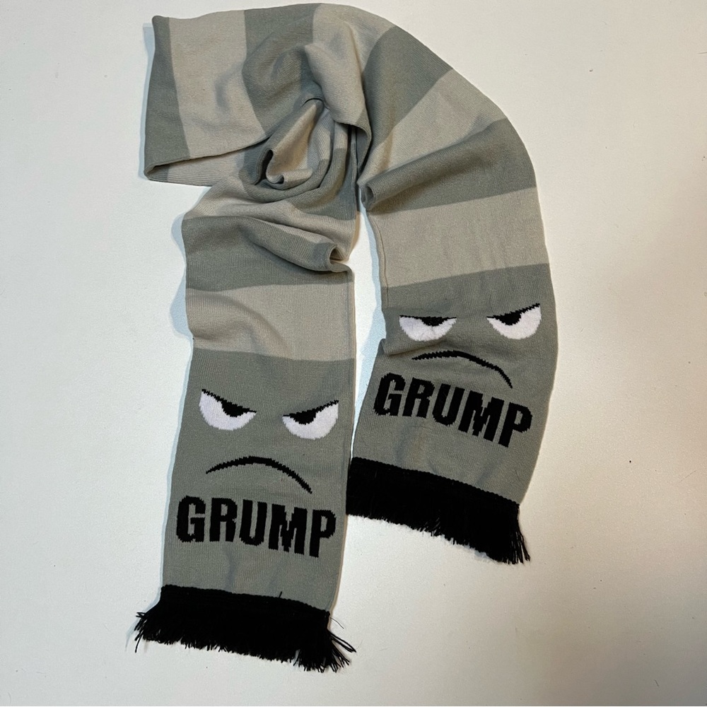 Archie McPhee Grump Scarf  Funny   68 x 7 in  Reversible. Polyester  Fringe